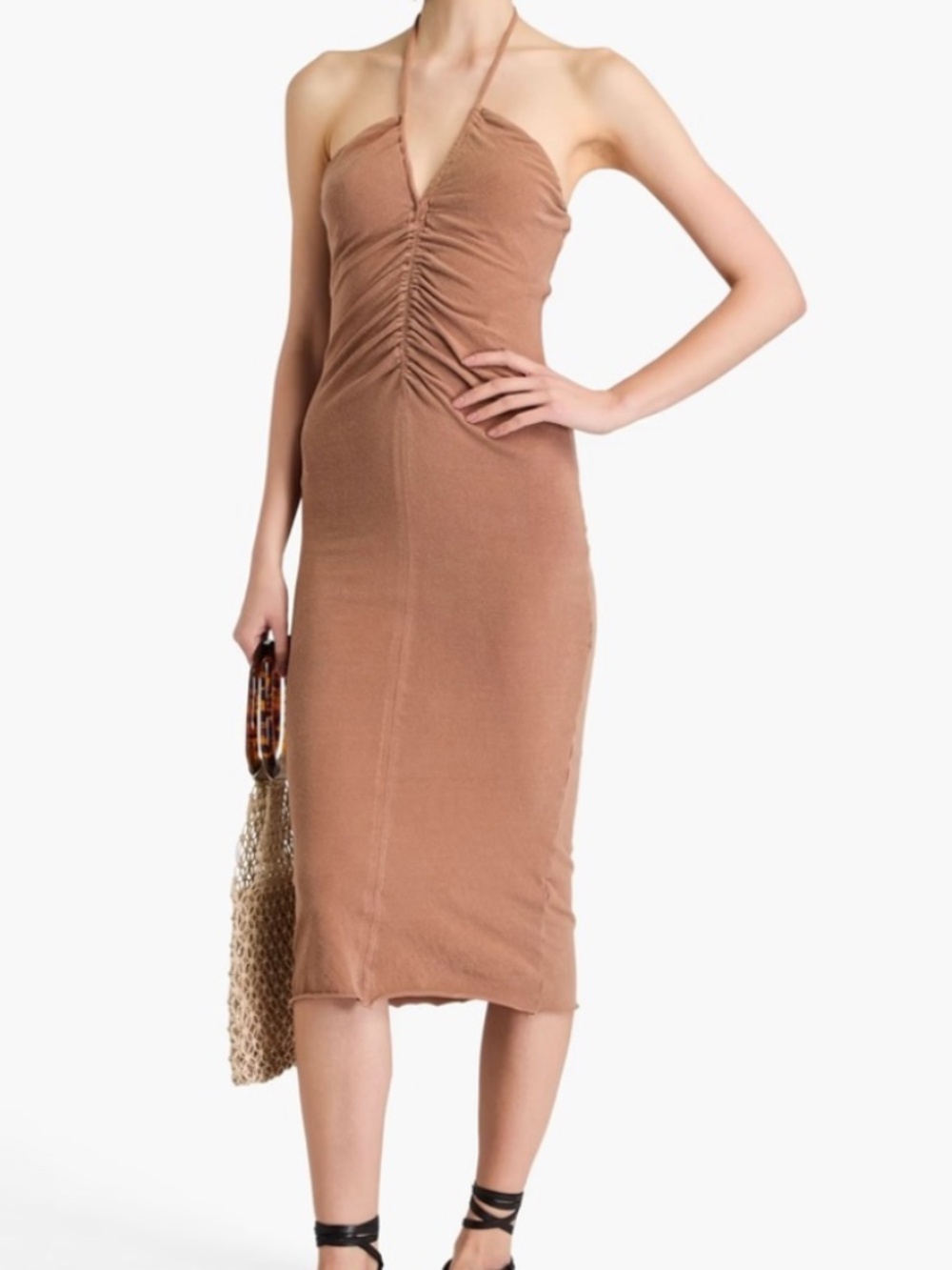 James Perse Ruched Halter Midi Dress Tan/Orange Rust Stretch Jersey 3